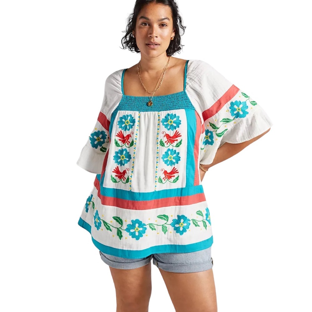 Anthropologie Seen Worn Kept Flower Bird Embroidered Smocked Ruffled Tunic 10